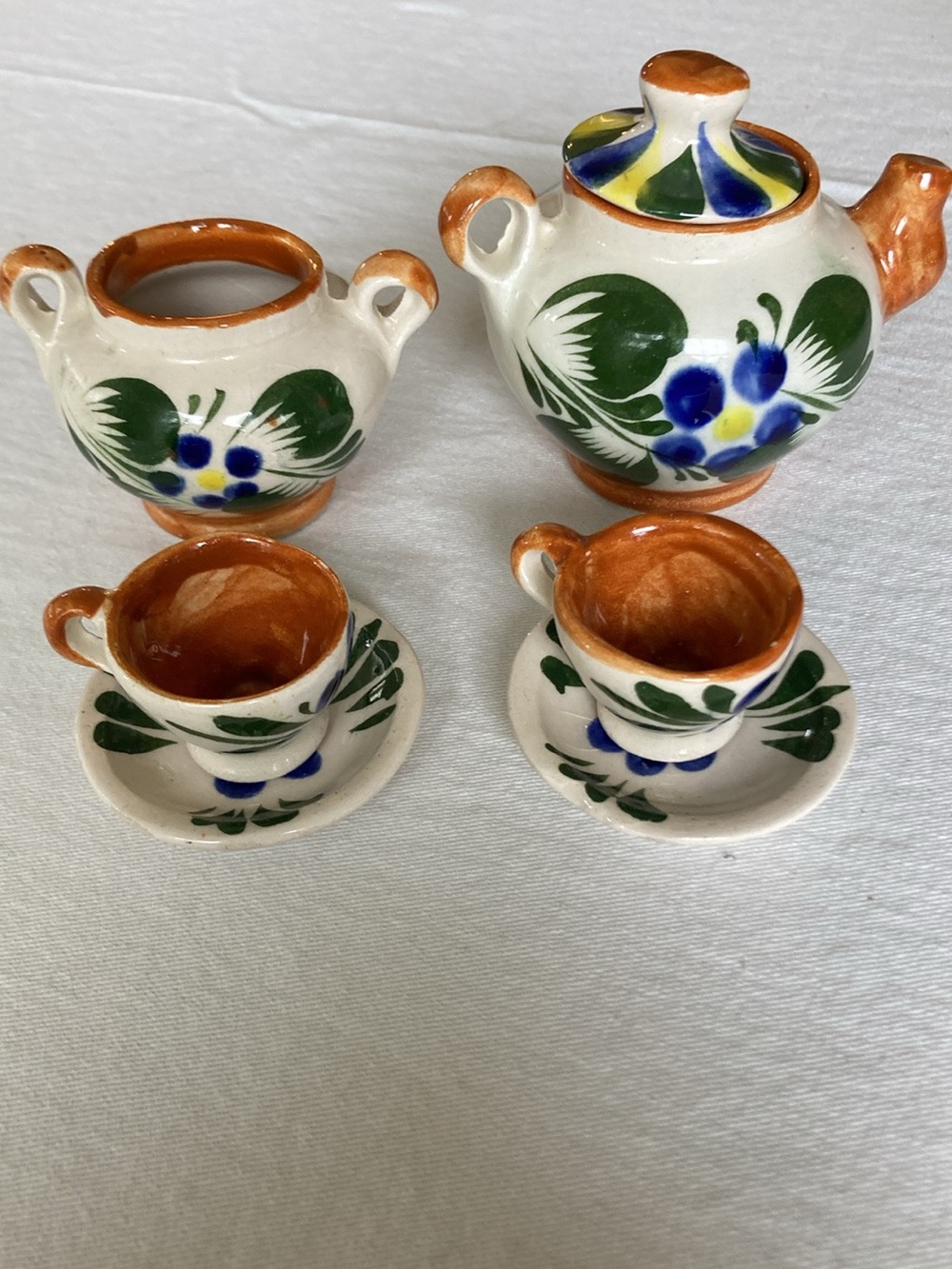 Hand-Painted Ceramic Tea Set - White, Green & Blue